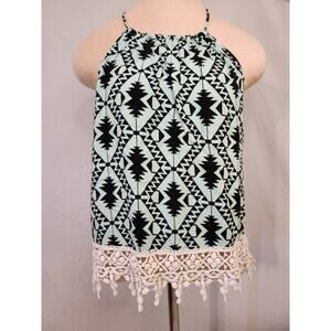 NO BOUNDARIES Teal and Black Spaghetti Strap Boho Top with Lace Edging-Size M